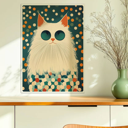 Weiße Katze mit cooler Sonnenbrille vor einem bunten Pünktchen-Hintergrund – Moderne Katzenkunst.. Ohne Rahmen 50x70