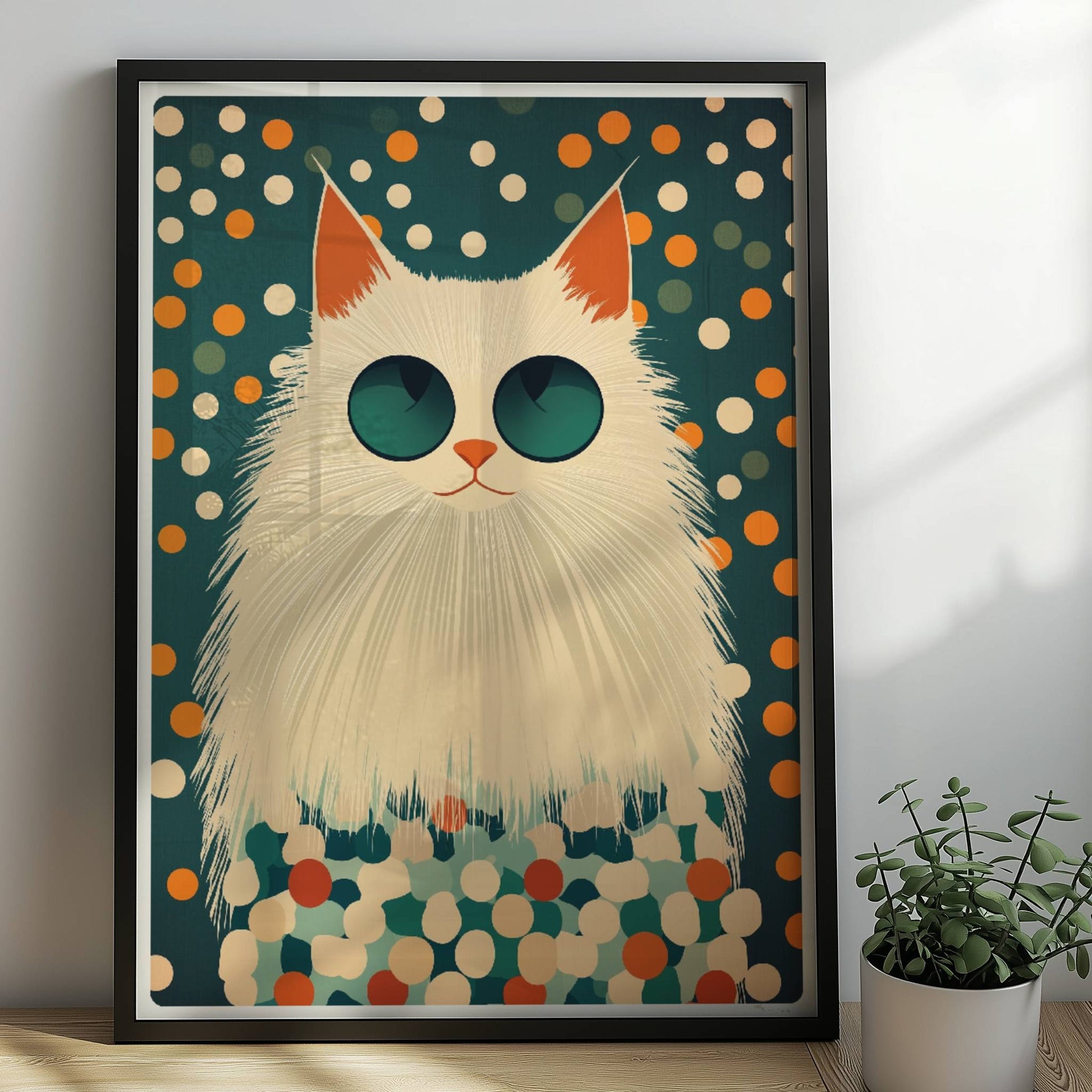 Weiße Katze mit cooler Sonnenbrille vor einem bunten Pünktchen-Hintergrund – Moderne Katzenkunst.. Rahmen schwarz 50x70