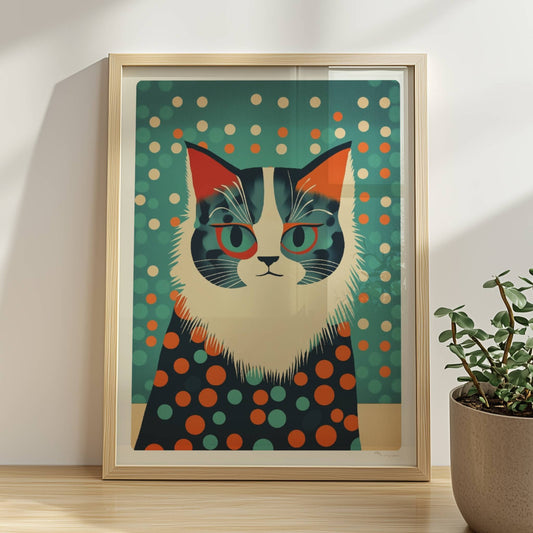 Graue Katze mit klugem Ausdruck und stilvollem Pünktchen-Outfit.. Rahmen natur 30x40