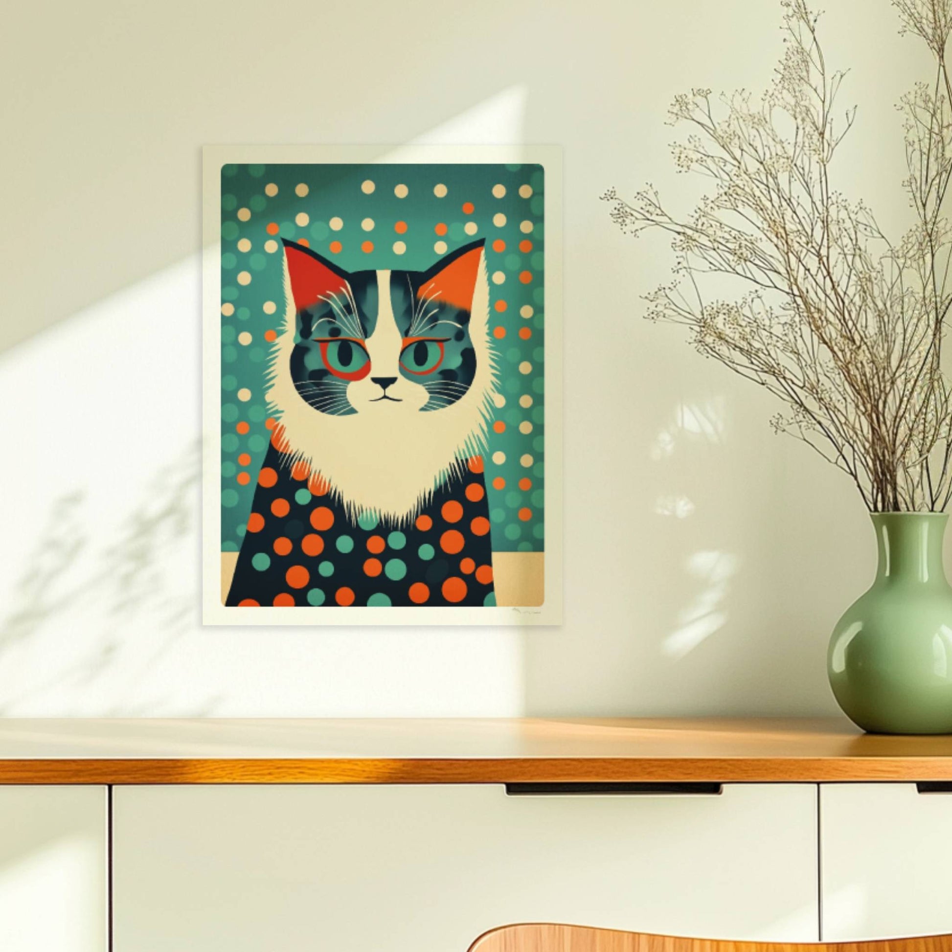 Graue Katze mit klugem Ausdruck und stilvollem Pünktchen-Outfit.. Ohne Rahmen 30x40