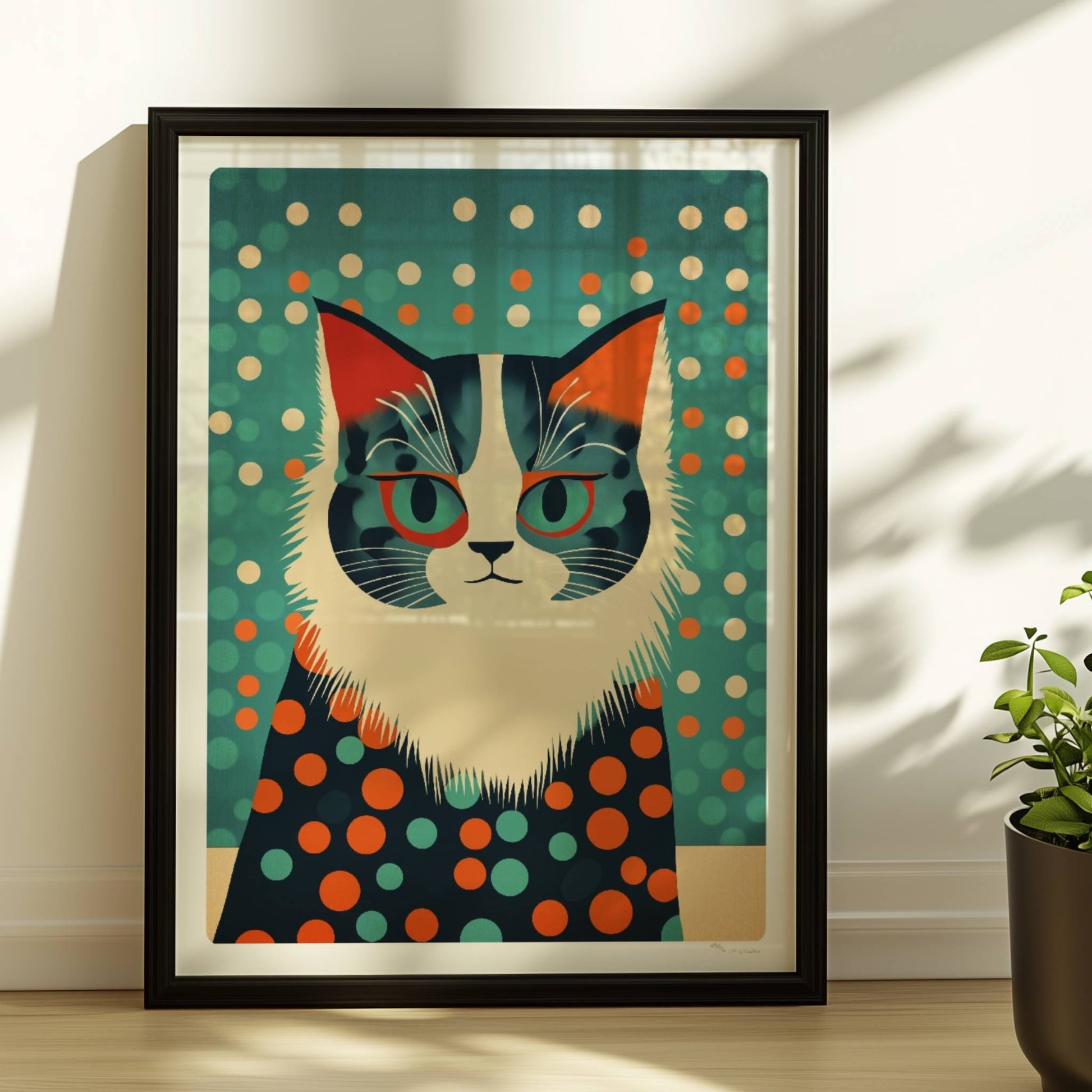 Graue Katze mit klugem Ausdruck und stilvollem Pünktchen-Outfit.. Rahmen schwarz 30x40