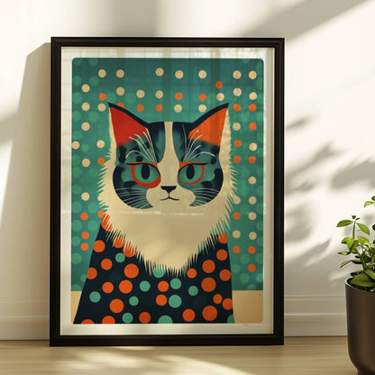 Graue Katze mit klugem Ausdruck und stilvollem Pünktchen-Outfit.. Rahmen schwarz 30x40