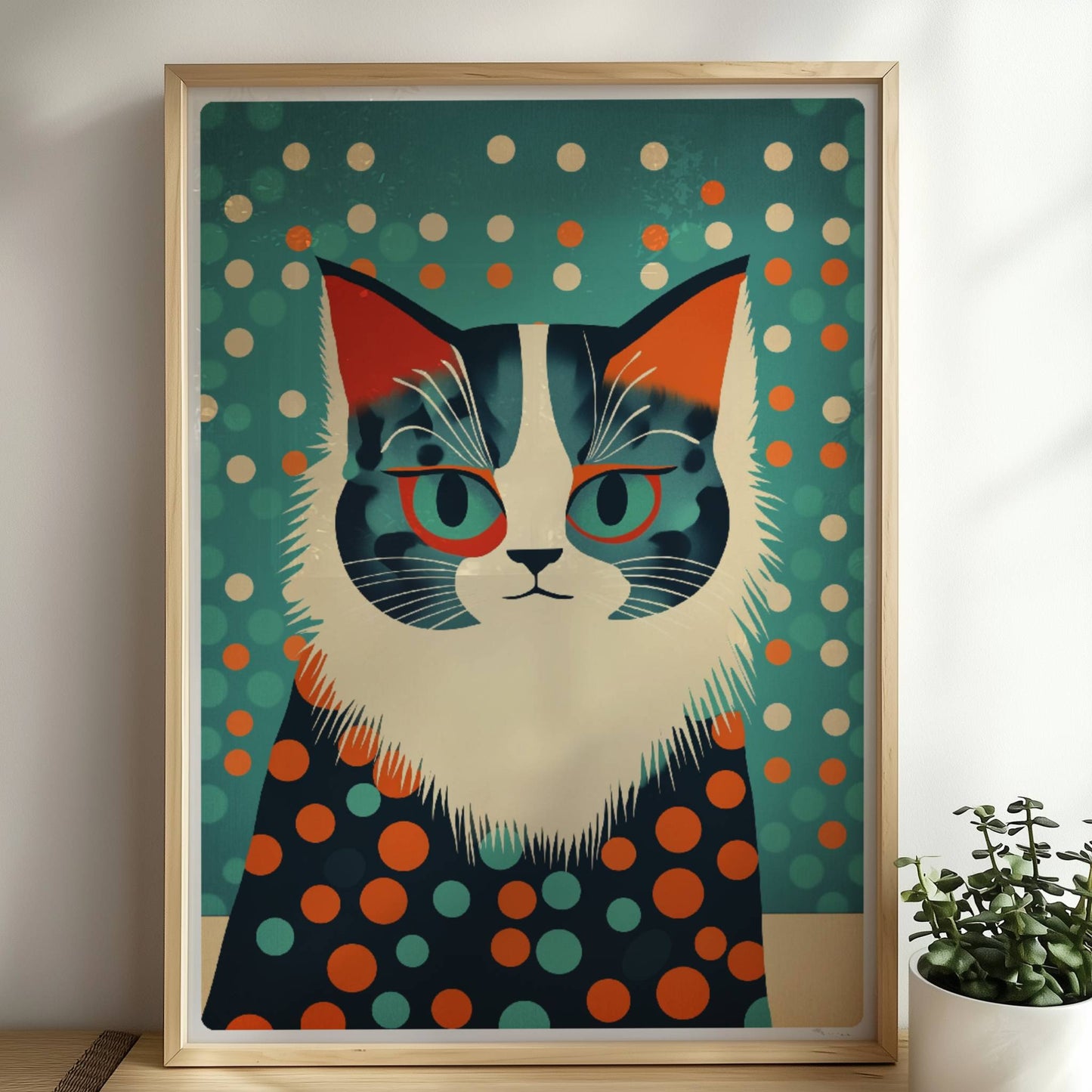 Graue Katze mit klugem Ausdruck und stilvollem Pünktchen-Outfit.. Rahmen natur 50x70