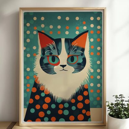 Graue Katze mit klugem Ausdruck und stilvollem Pünktchen-Outfit.. Rahmen natur 50x70