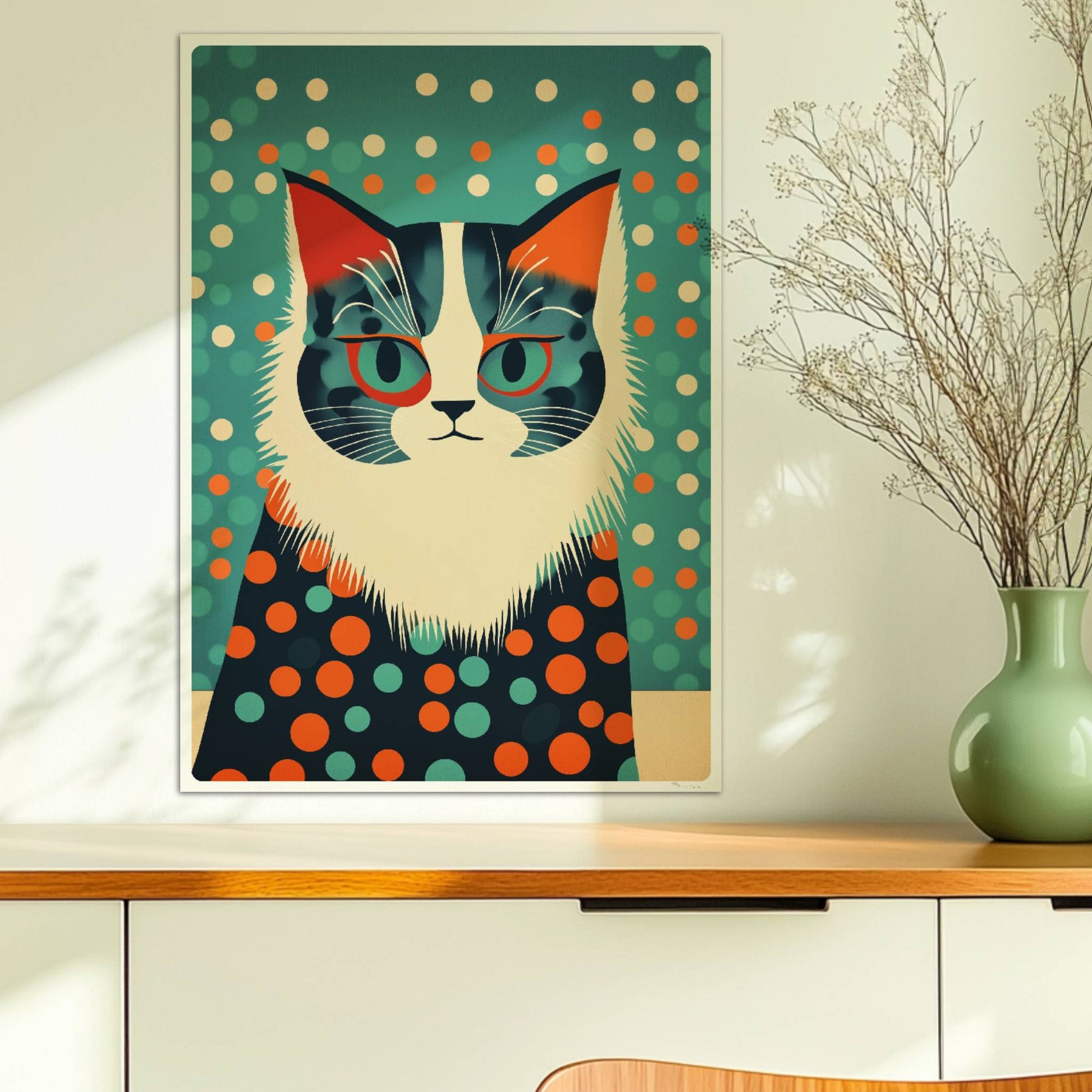 Graue Katze mit klugem Ausdruck und stilvollem Pünktchen-Outfit.. Ohne Rahmen 50x70