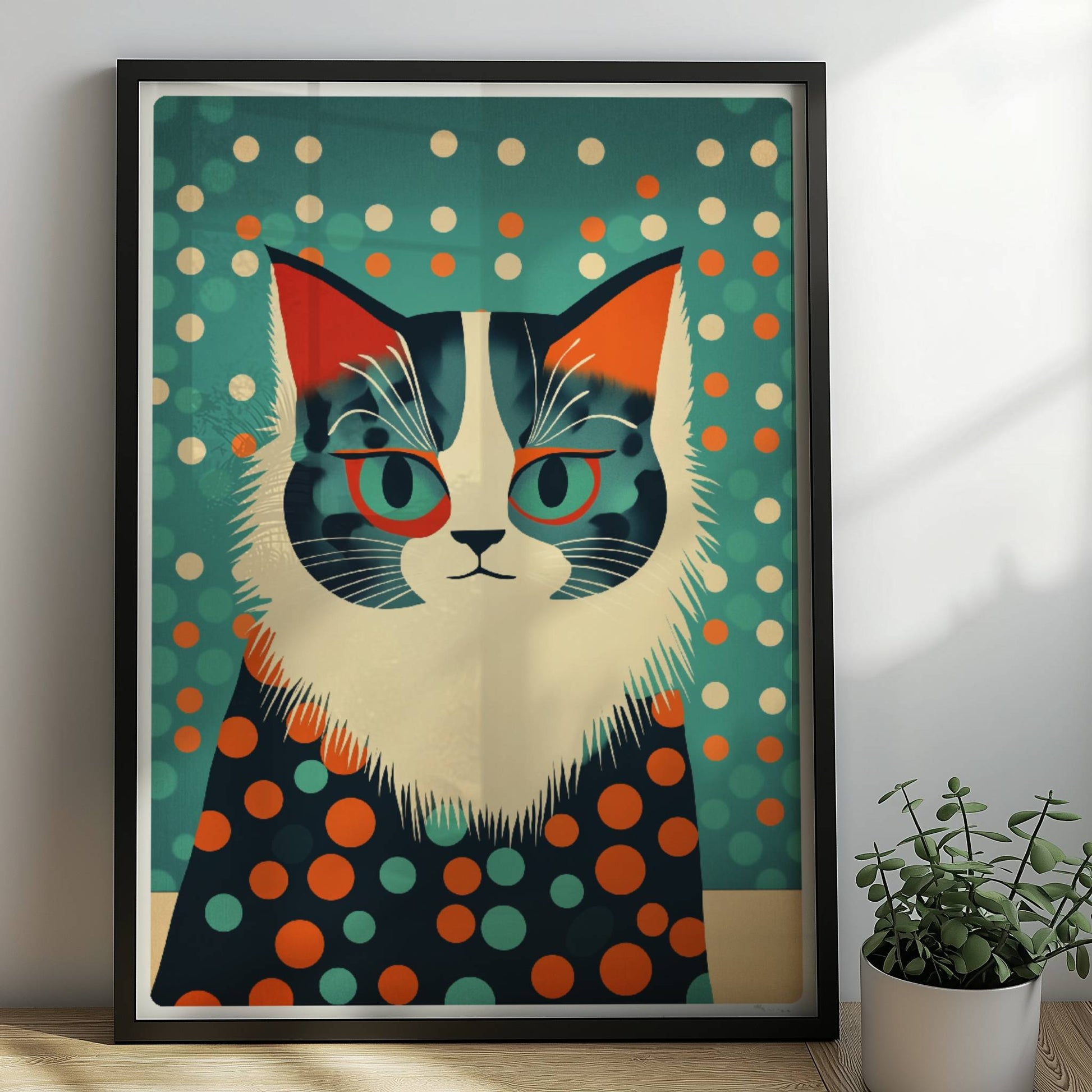 Graue Katze mit klugem Ausdruck und stilvollem Pünktchen-Outfit.. Rahmen schwarz 50x70