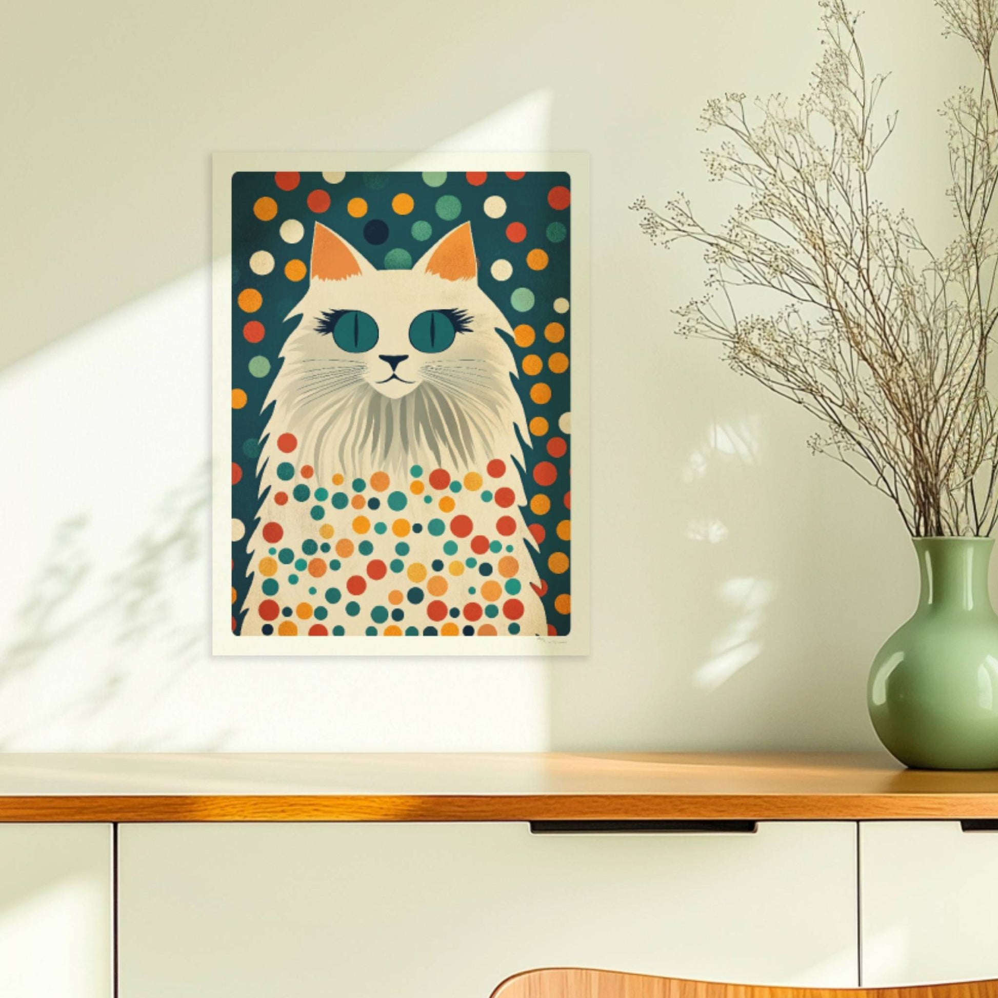 Hübsche weiße Katze mit langen Wimpern – süße Katzenkunst.. Ohne Rahmen 30x40