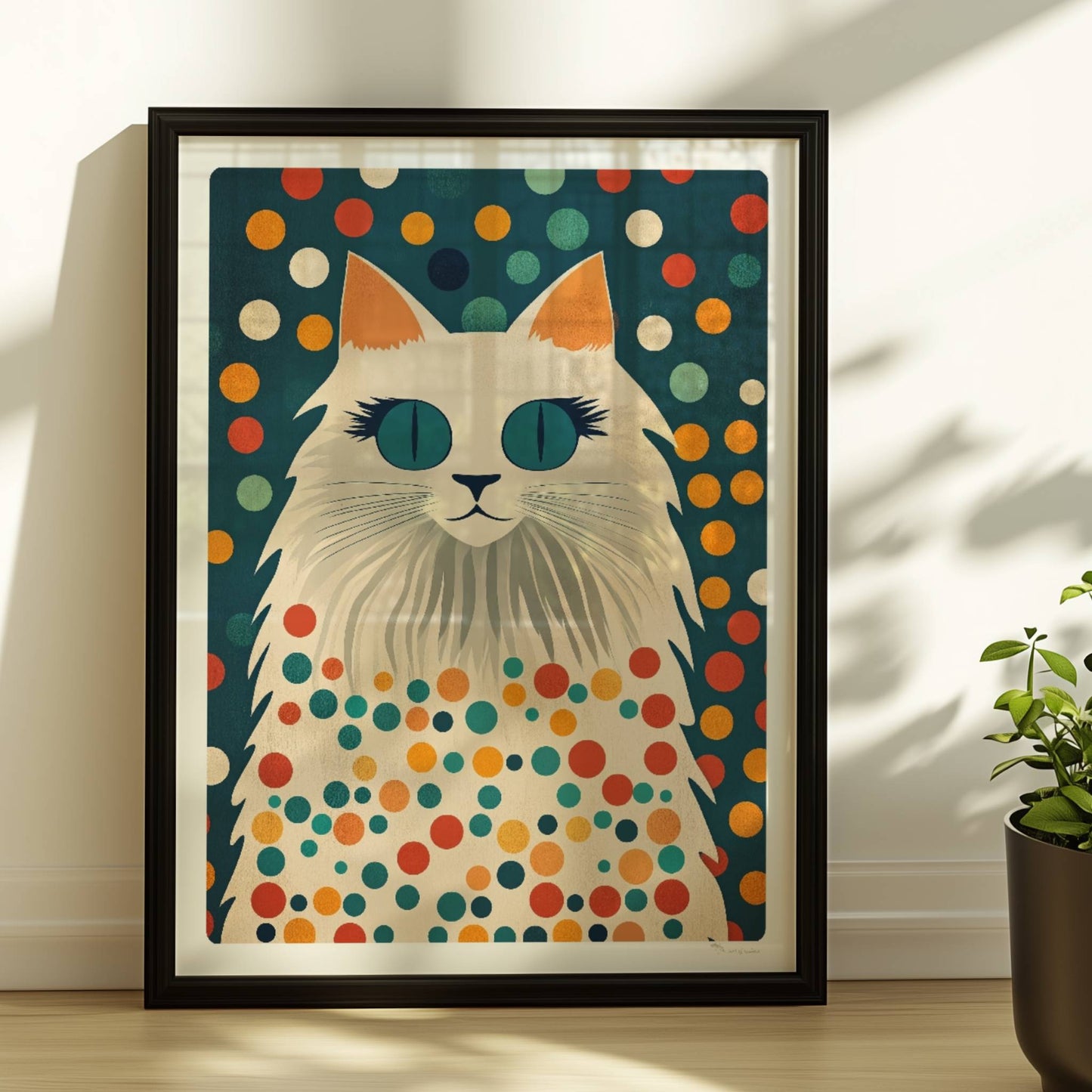 Hübsche weiße Katze mit langen Wimpern – süße Katzenkunst.. Rahmen schwarz 30x40