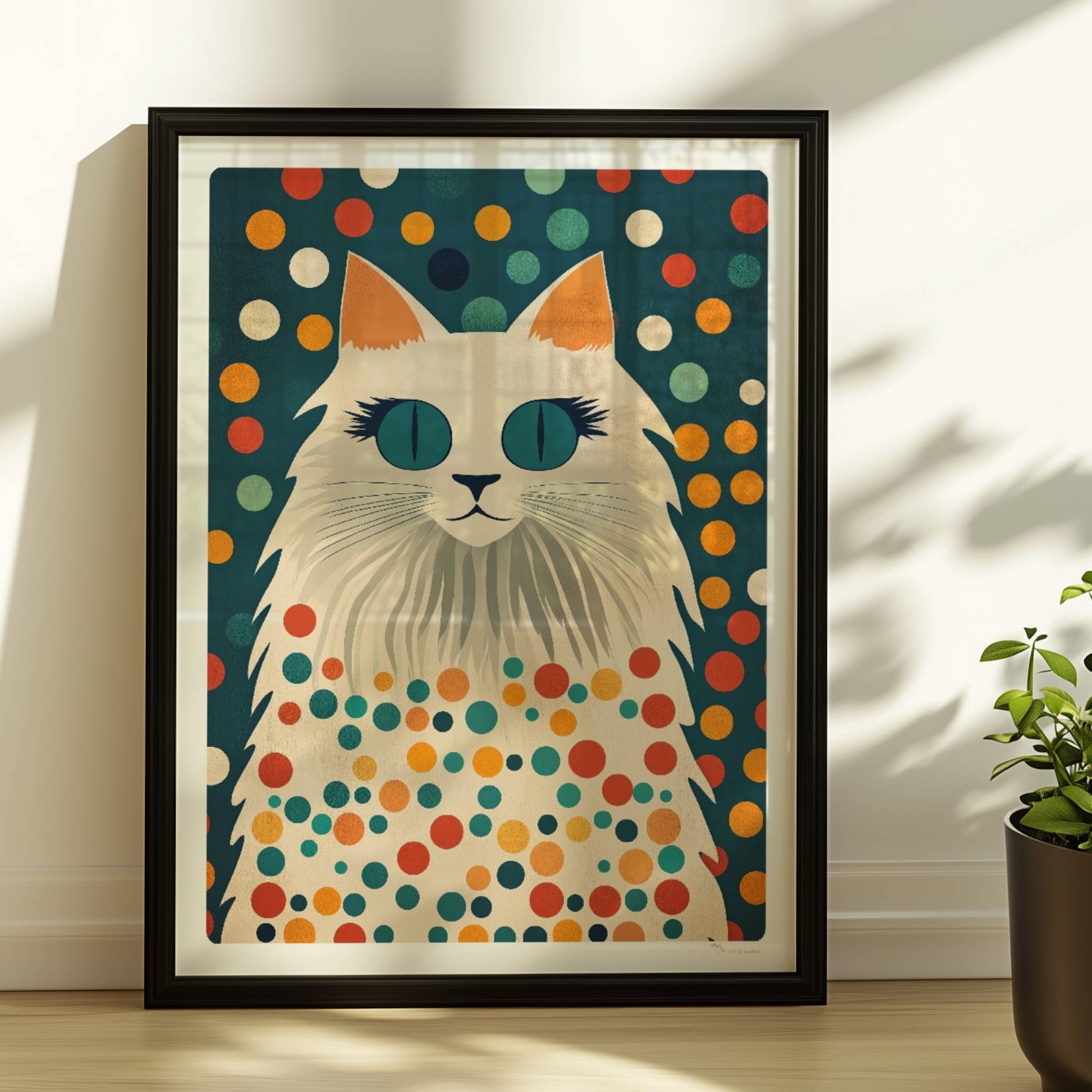 Hübsche weiße Katze mit langen Wimpern – süße Katzenkunst.. Rahmen schwarz 30x40