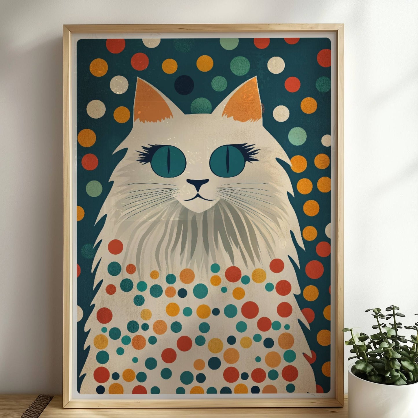 Hübsche weiße Katze mit langen Wimpern – süße Katzenkunst.. Rahmen natur 50x70