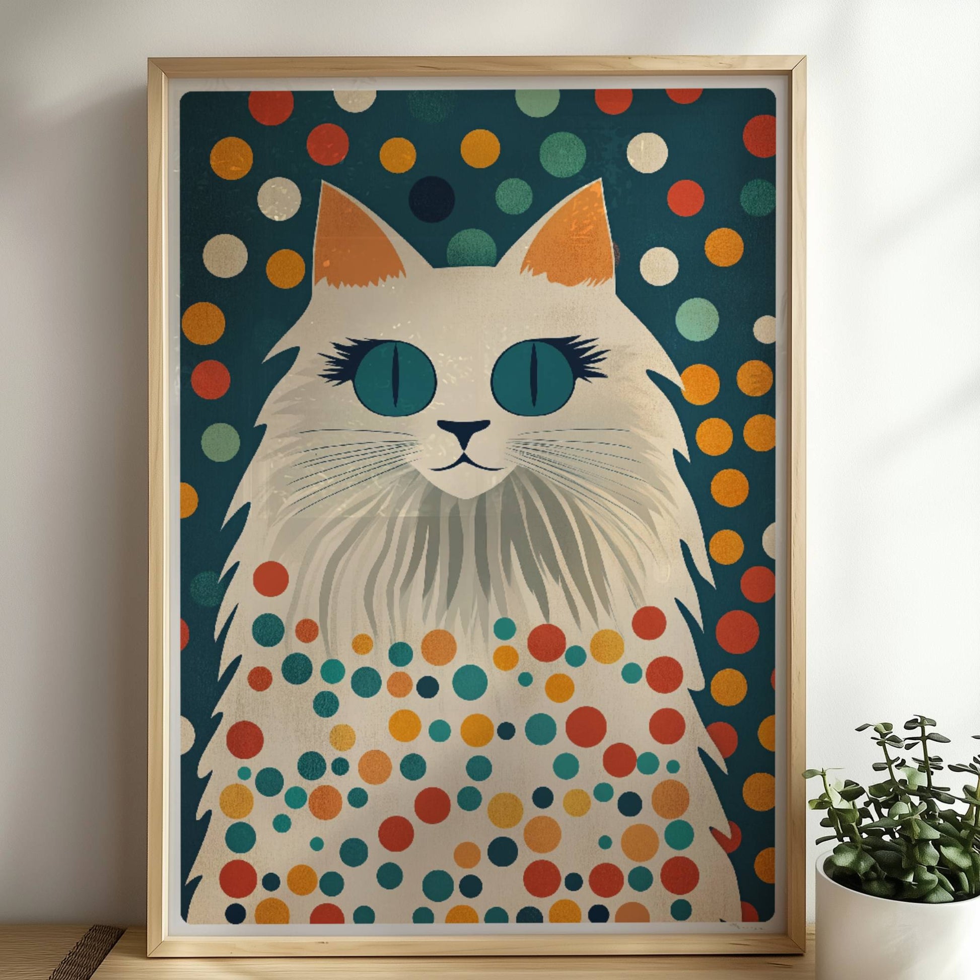 Hübsche weiße Katze mit langen Wimpern – süße Katzenkunst.. Rahmen natur 50x70