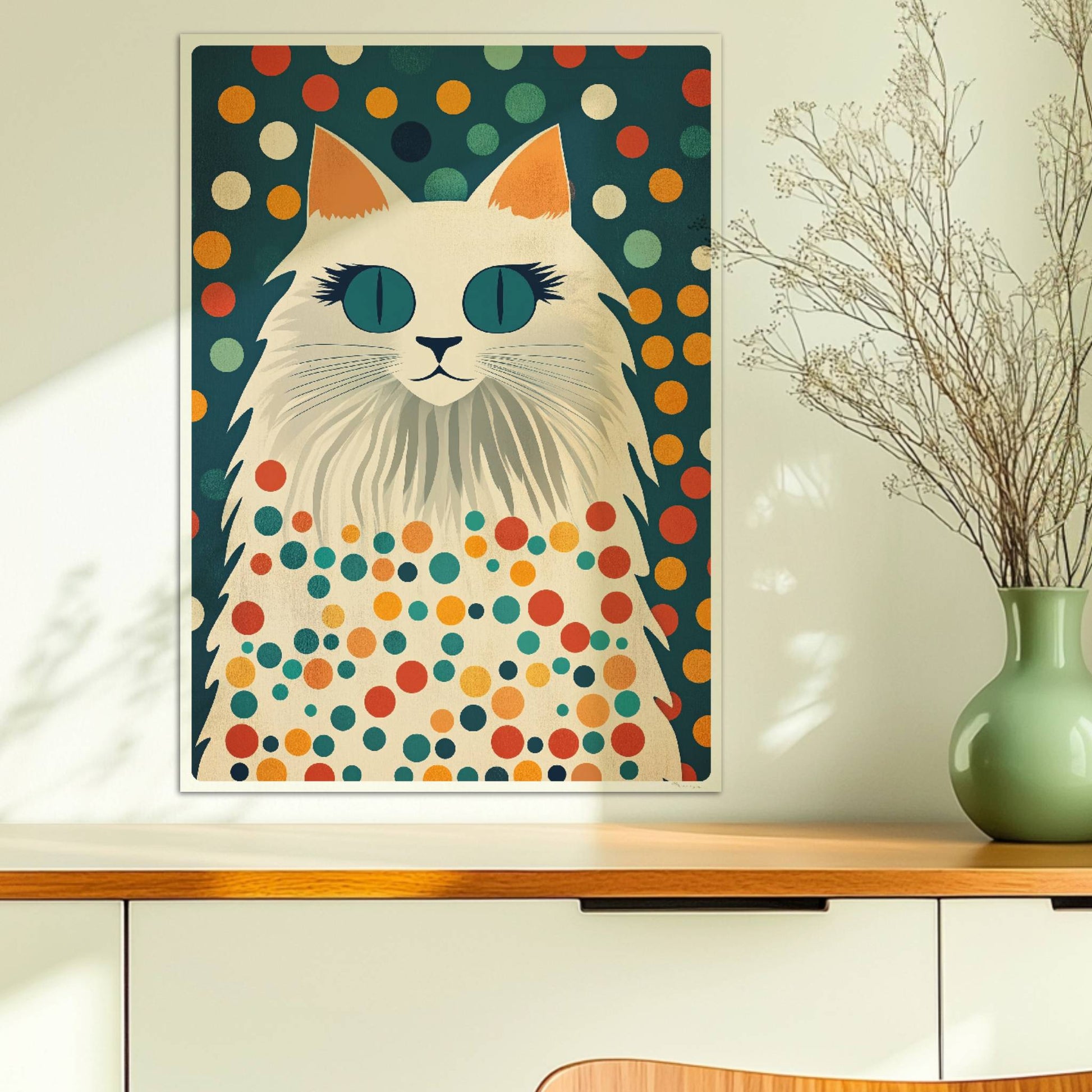 Hübsche weiße Katze mit langen Wimpern – süße Katzenkunst.. Ohne Rahmen 50x70