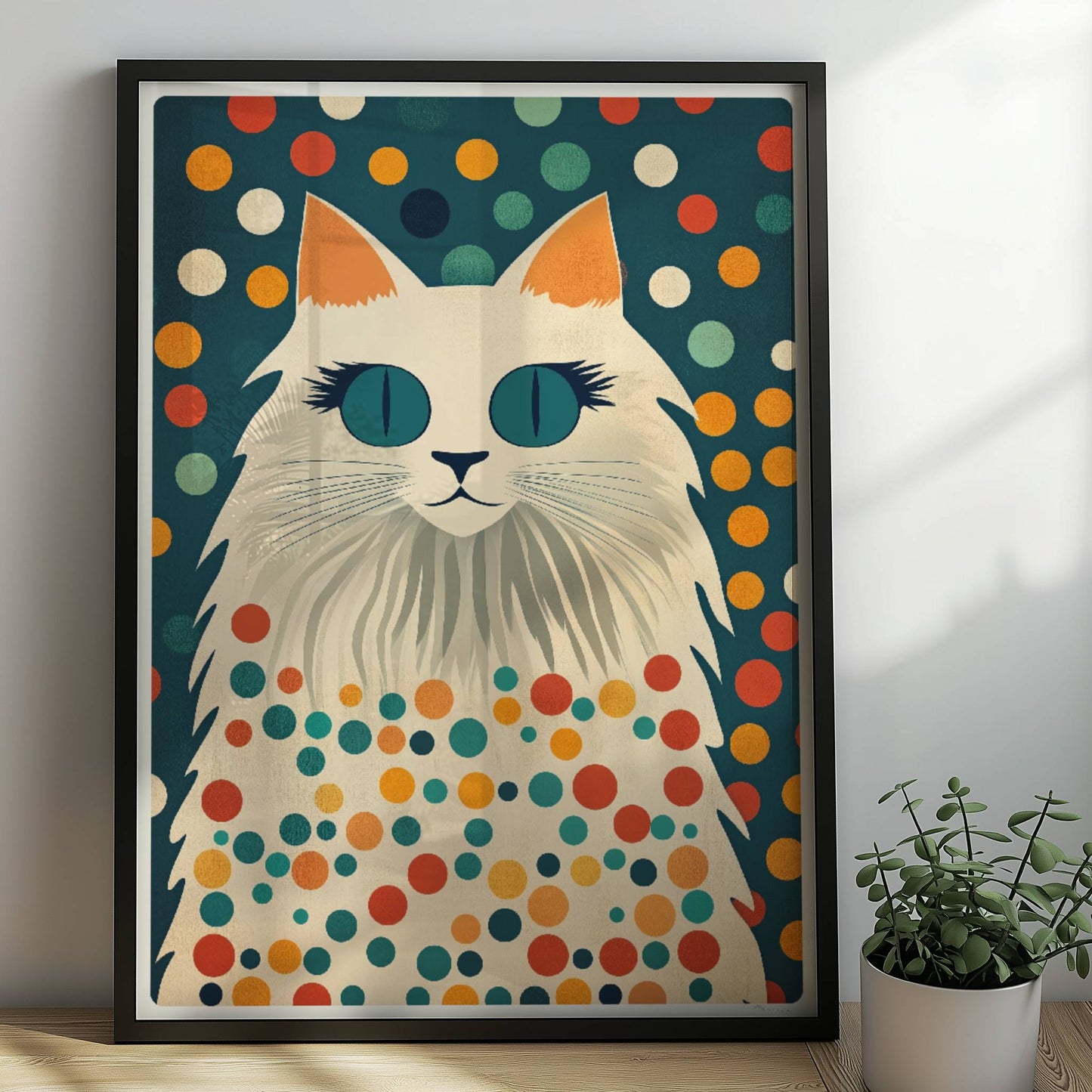 Hübsche weiße Katze mit langen Wimpern – süße Katzenkunst.. Rahmen schwarz 50x70