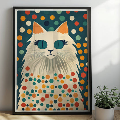 Hübsche weiße Katze mit langen Wimpern – süße Katzenkunst.. Rahmen schwarz 50x70