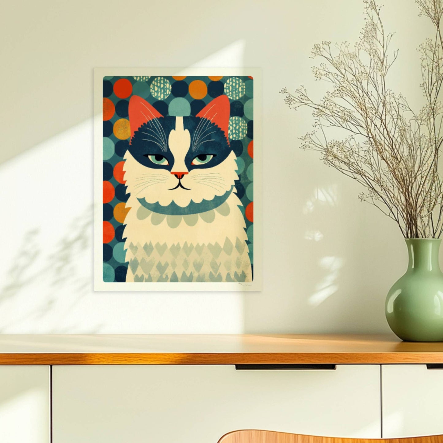 Schwarz-weiße Katze mit buntem Hintergrund – fröhliches Katzenmotiv.. Ohne Rahmen 30x40