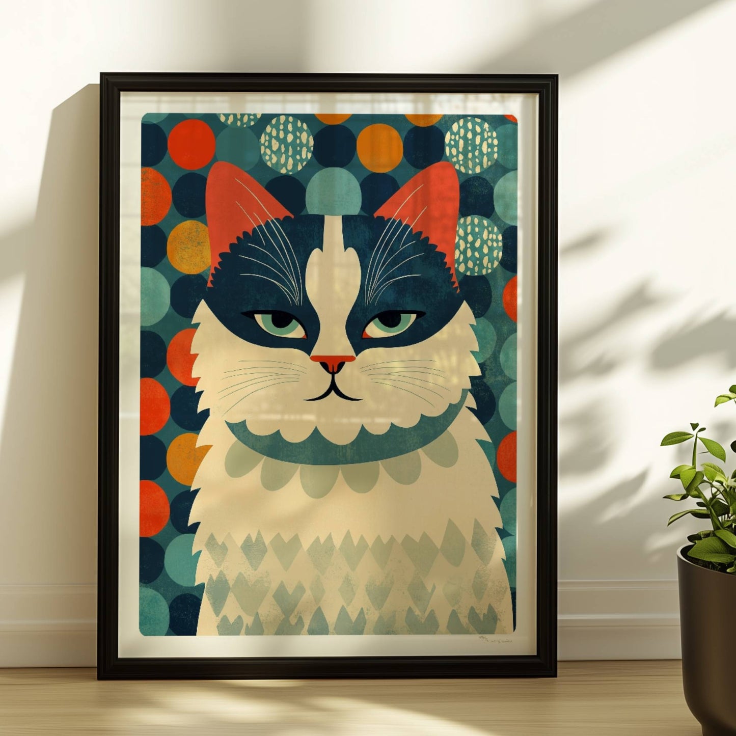 Schwarz-weiße Katze mit buntem Hintergrund – fröhliches Katzenmotiv.. Rahmen schwarz 30x40