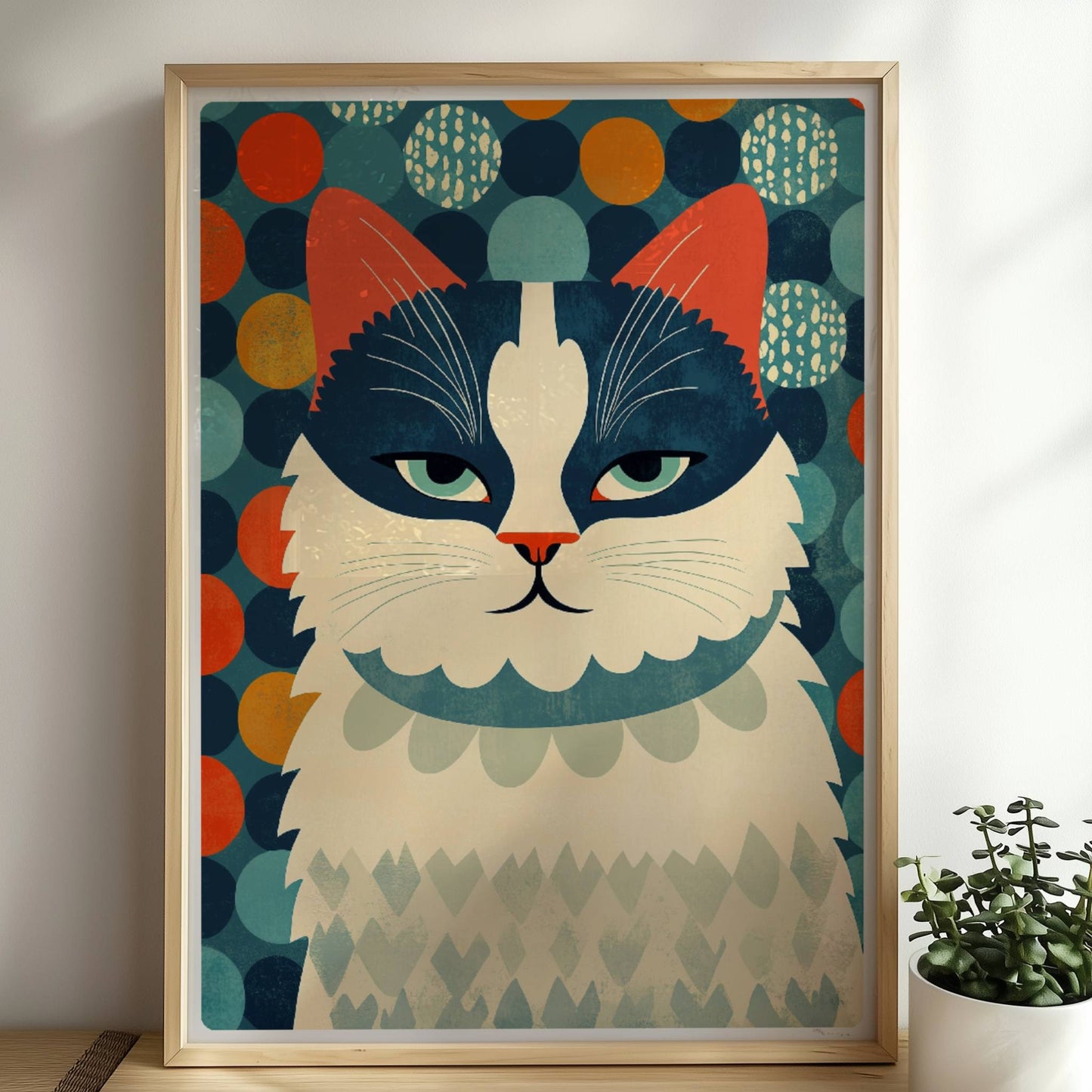 Schwarz-weiße Katze mit buntem Hintergrund – fröhliches Katzenmotiv.. Rahmen natur 50x70