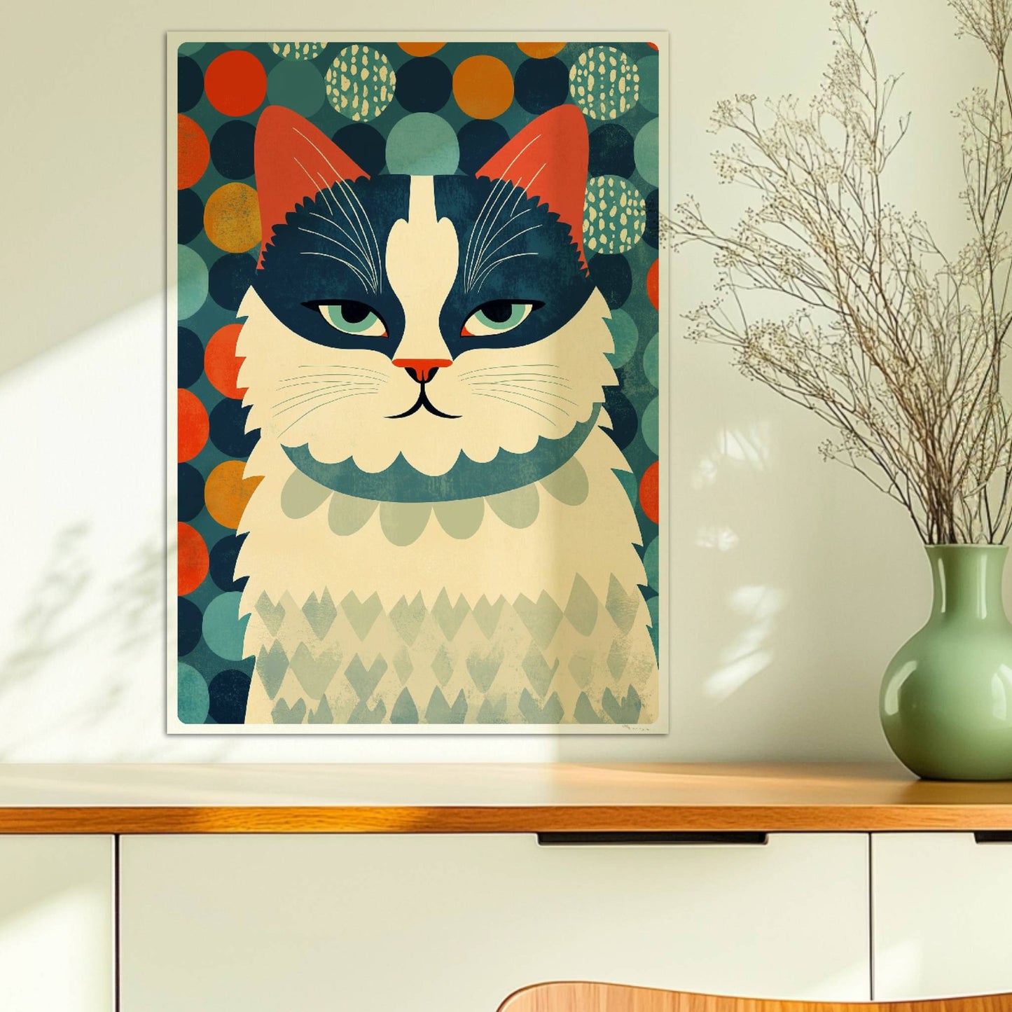 Schwarz-weiße Katze mit buntem Hintergrund – fröhliches Katzenmotiv.. Ohne Rahmen 50x70