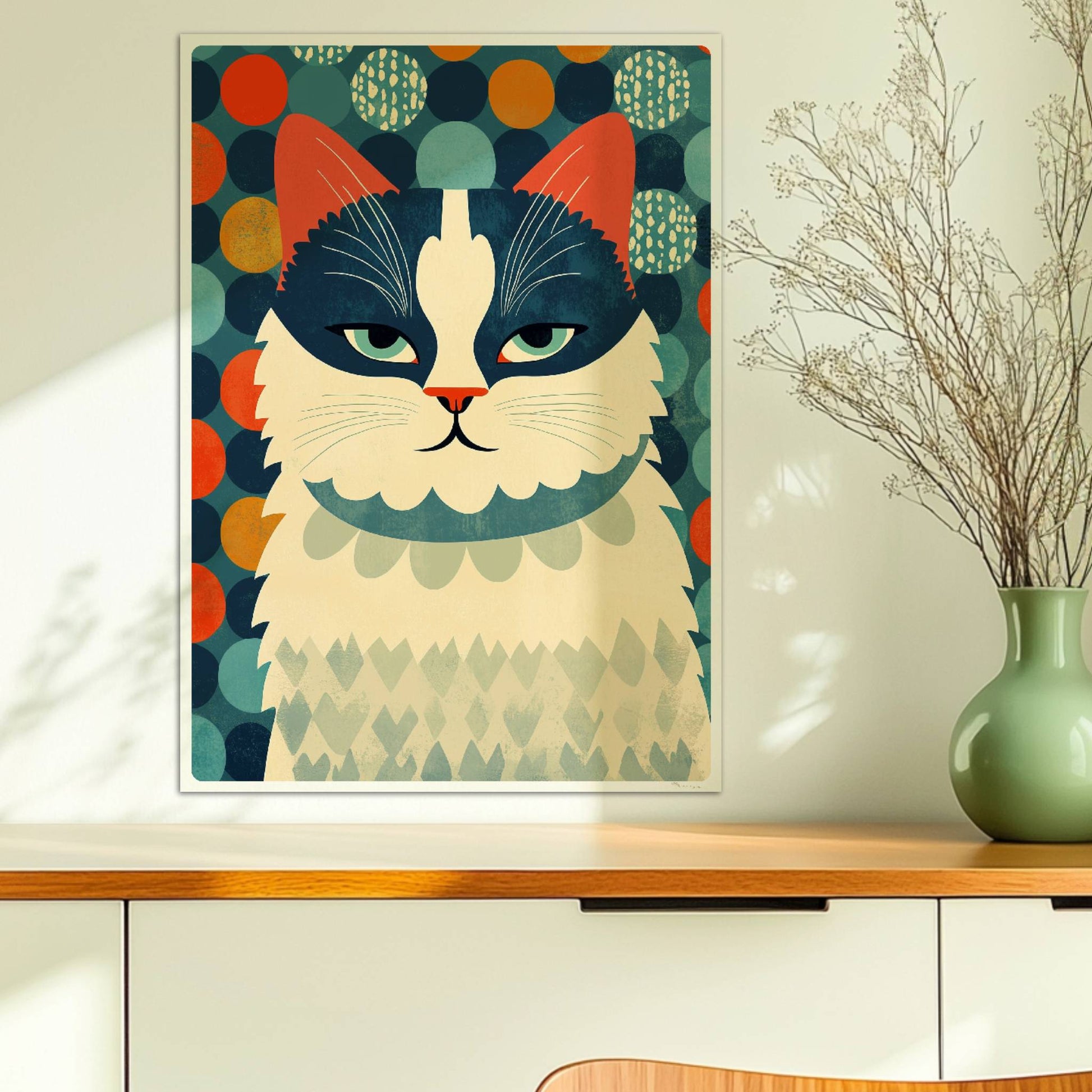 Schwarz-weiße Katze mit buntem Hintergrund – fröhliches Katzenmotiv.. Ohne Rahmen 50x70