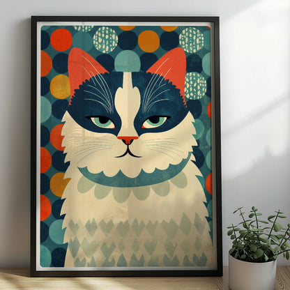 Schwarz-weiße Katze mit buntem Hintergrund – fröhliches Katzenmotiv.. Rahmen schwarz 50x70