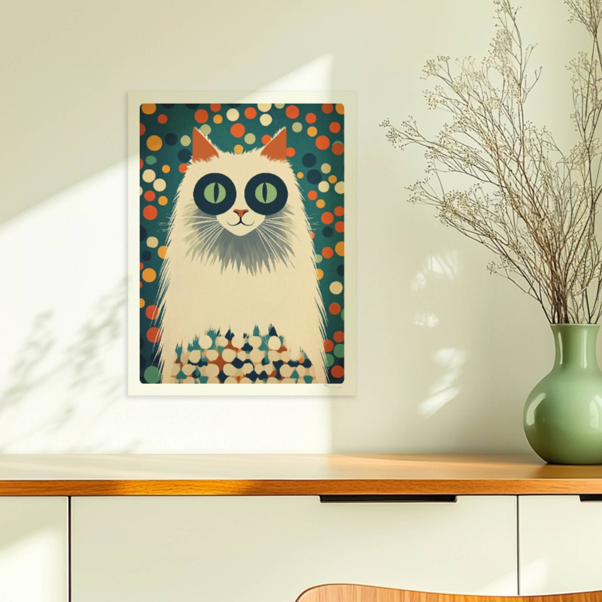 Weiße Langhaarkatze mit markanten Augenringen – lustige Katzenkunst.. Ohne Rahmen 30x40