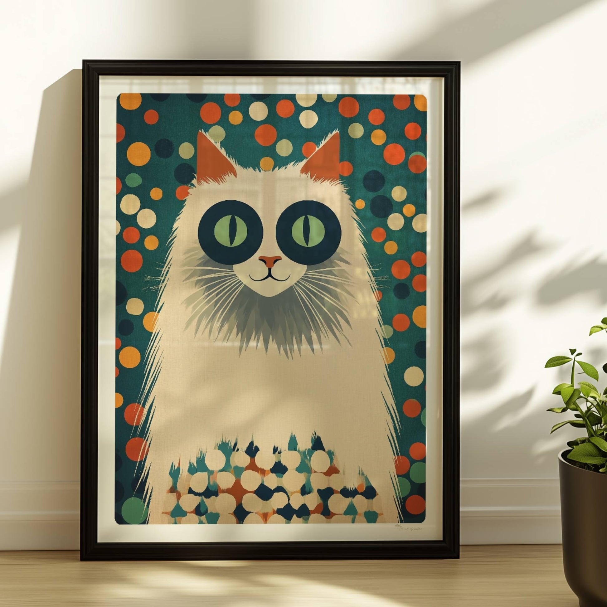 Weiße Langhaarkatze mit markanten Augenringen – lustige Katzenkunst.. Rahmen schwarz 30x40