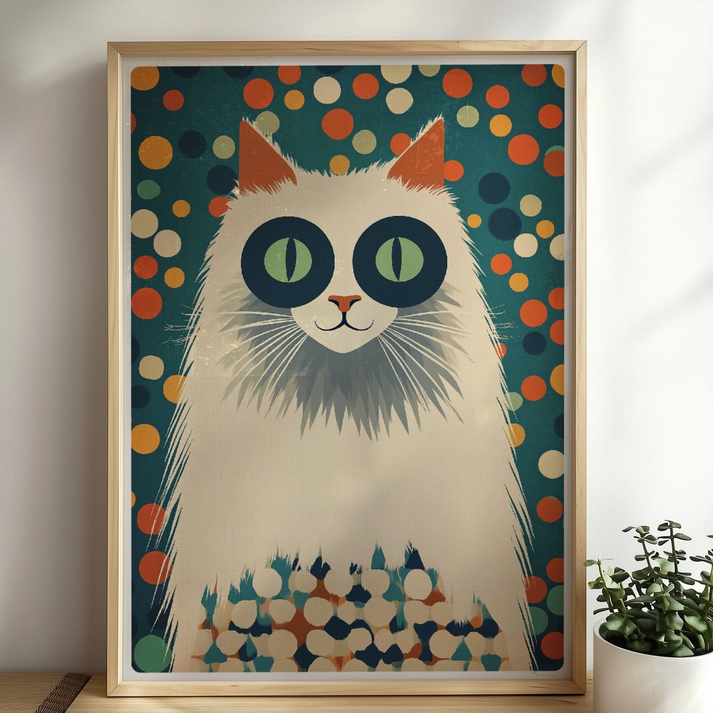 Weiße Langhaarkatze mit markanten Augenringen – lustige Katzenkunst.. Rahmen natur 50x70
