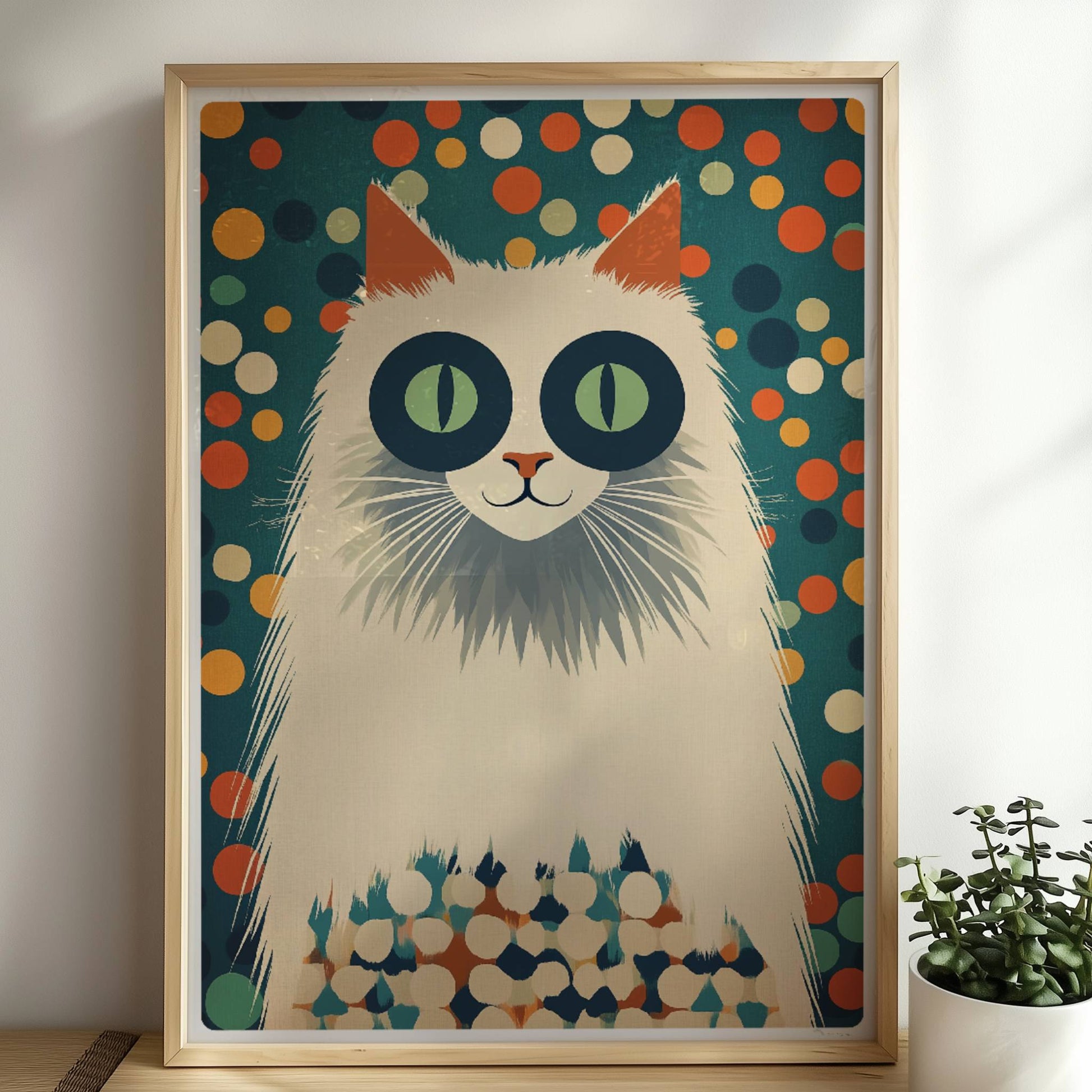 Weiße Langhaarkatze mit markanten Augenringen – lustige Katzenkunst.. Rahmen natur 50x70