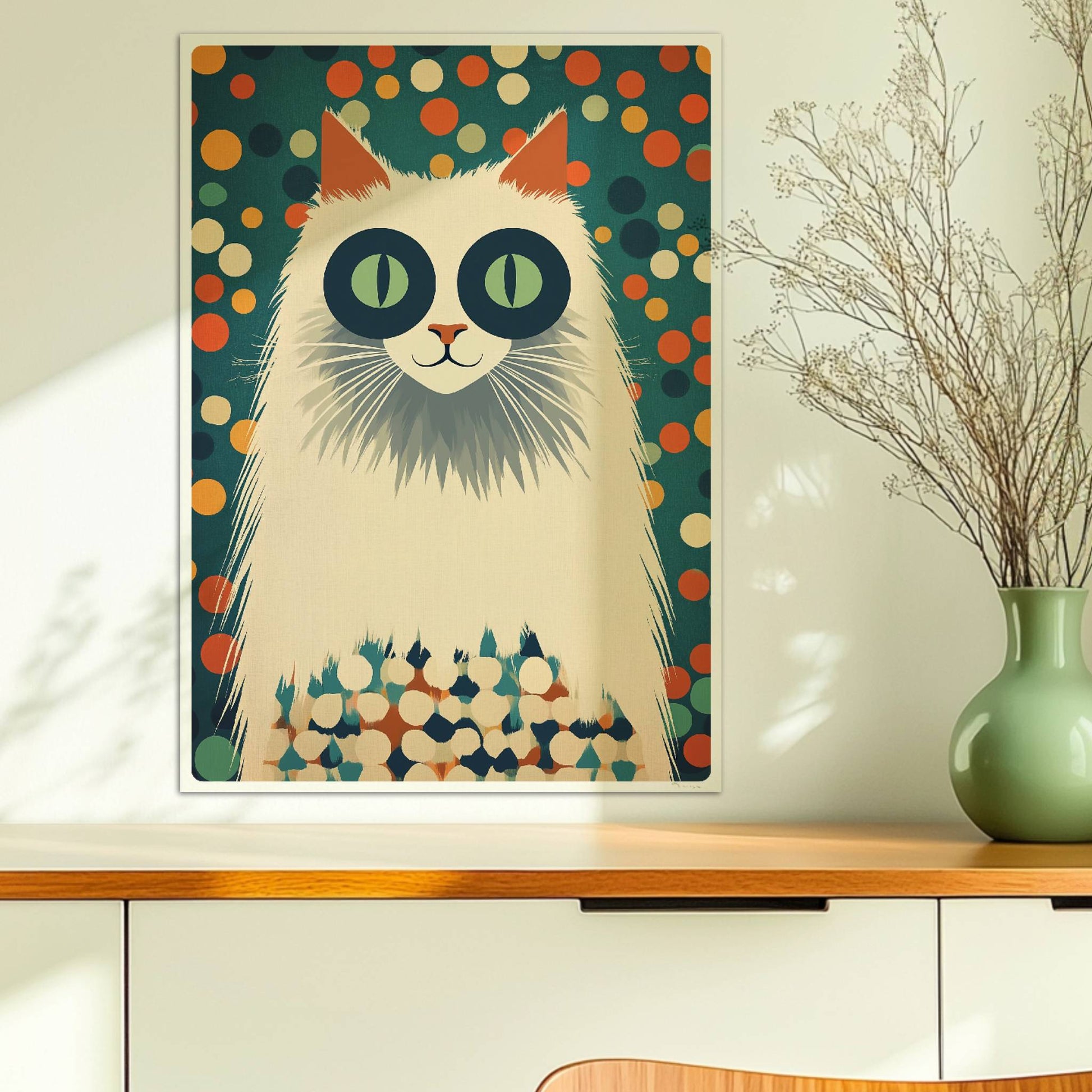 Weiße Langhaarkatze mit markanten Augenringen – lustige Katzenkunst.. Ohne Rahmen 50x70