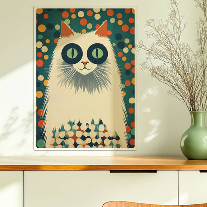 Weiße Langhaarkatze mit markanten Augenringen – lustige Katzenkunst.. Ohne Rahmen 50x70
