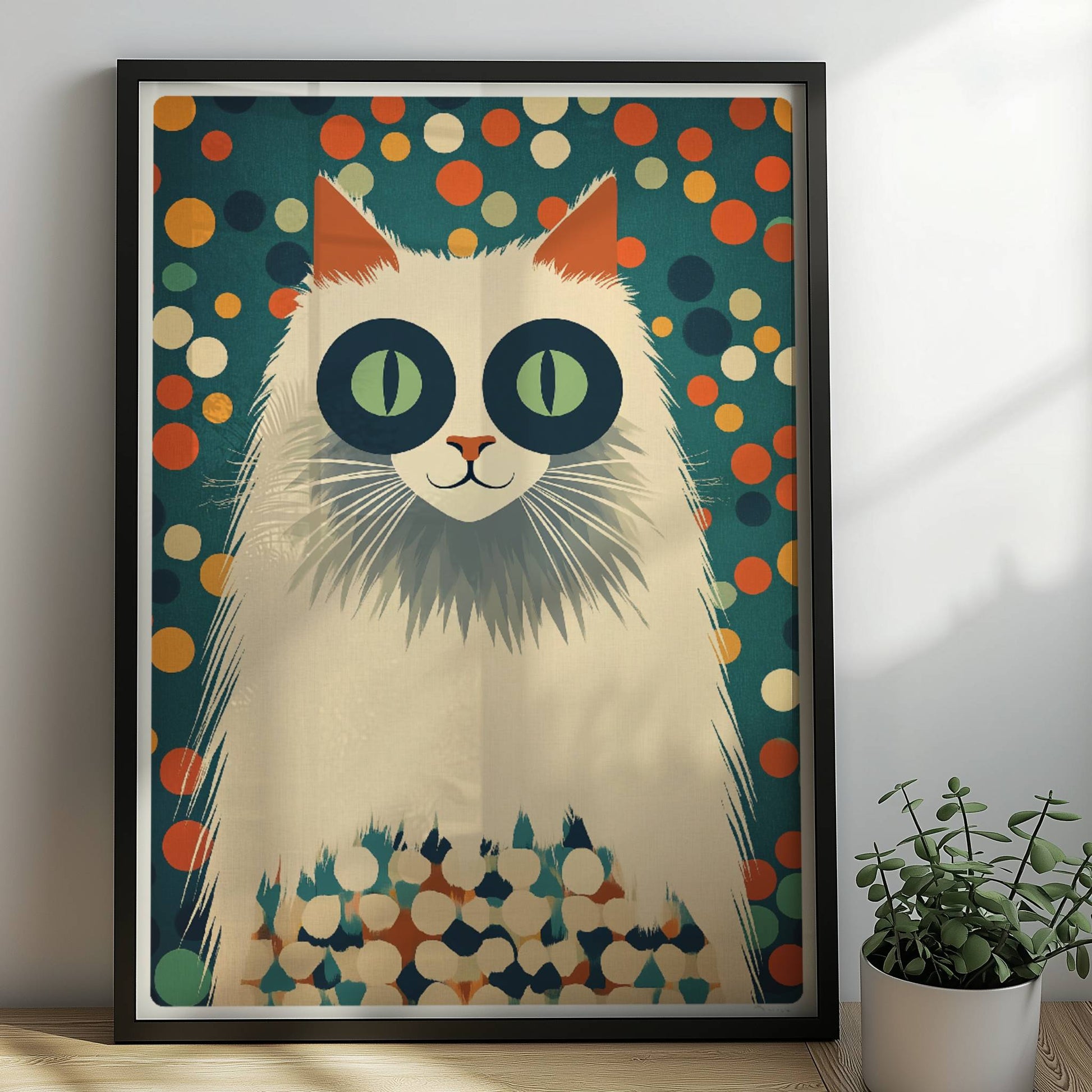 Weiße Langhaarkatze mit markanten Augenringen – lustige Katzenkunst.. Rahmen schwarz 50x70