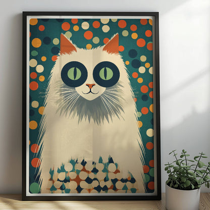 Weiße Langhaarkatze mit markanten Augenringen – lustige Katzenkunst.. Rahmen schwarz 50x70