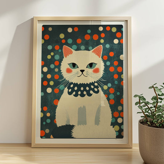 Weiße Fashionista-Katze mit roten Bäckchen – modernes Katzenposter.. Rahmen natur 30x40