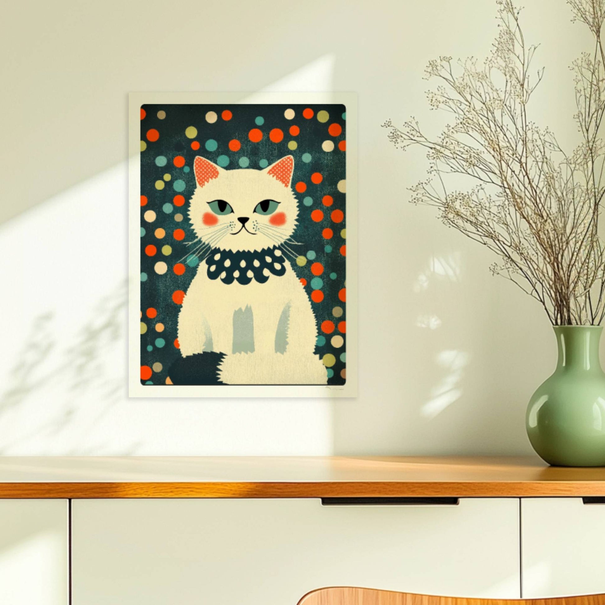 Weiße Fashionista-Katze mit roten Bäckchen – modernes Katzenposter.. Ohne Rahmen 30x40