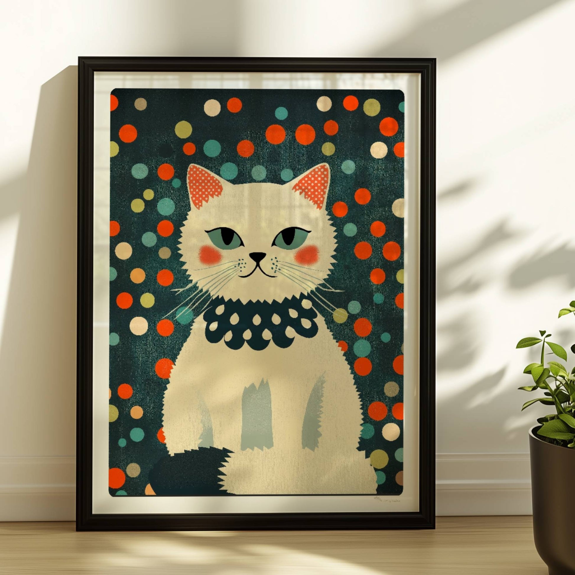 Weiße Fashionista-Katze mit roten Bäckchen – modernes Katzenposter.. Rahmen schwarz 30x40