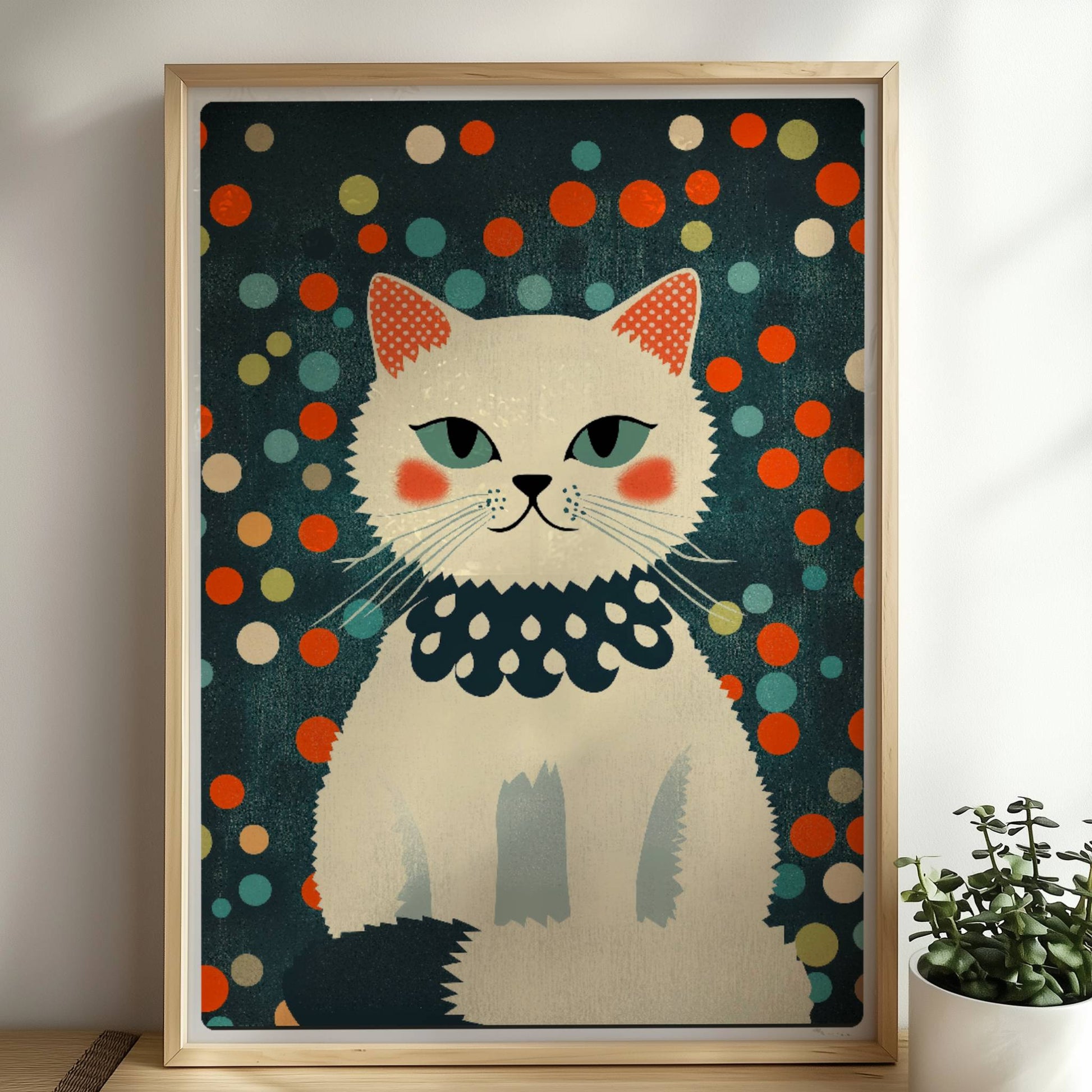 Weiße Fashionista-Katze mit roten Bäckchen – modernes Katzenposter.. Rahmen natur 50x70