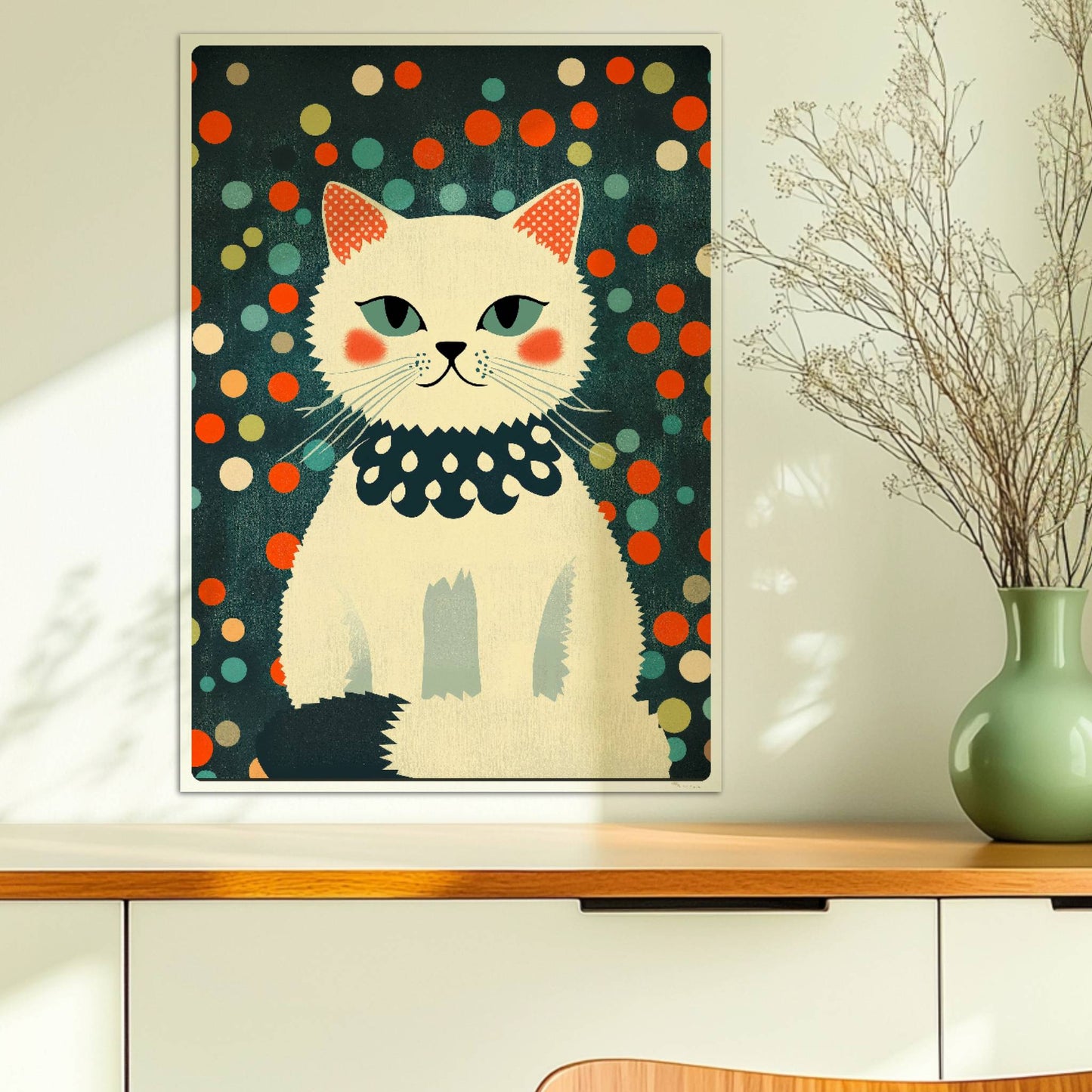 Weiße Fashionista-Katze mit roten Bäckchen – modernes Katzenposter.. Ohne Rahmen 50x70