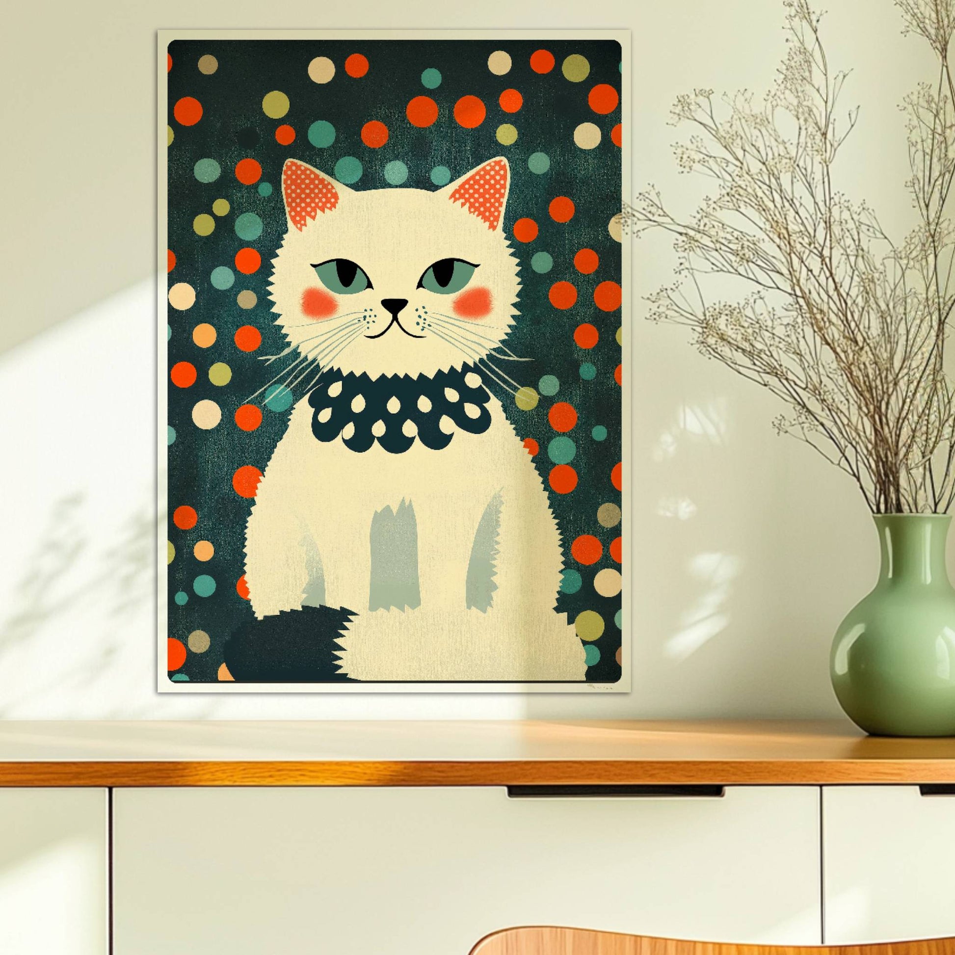 Weiße Fashionista-Katze mit roten Bäckchen – modernes Katzenposter.. Ohne Rahmen 50x70