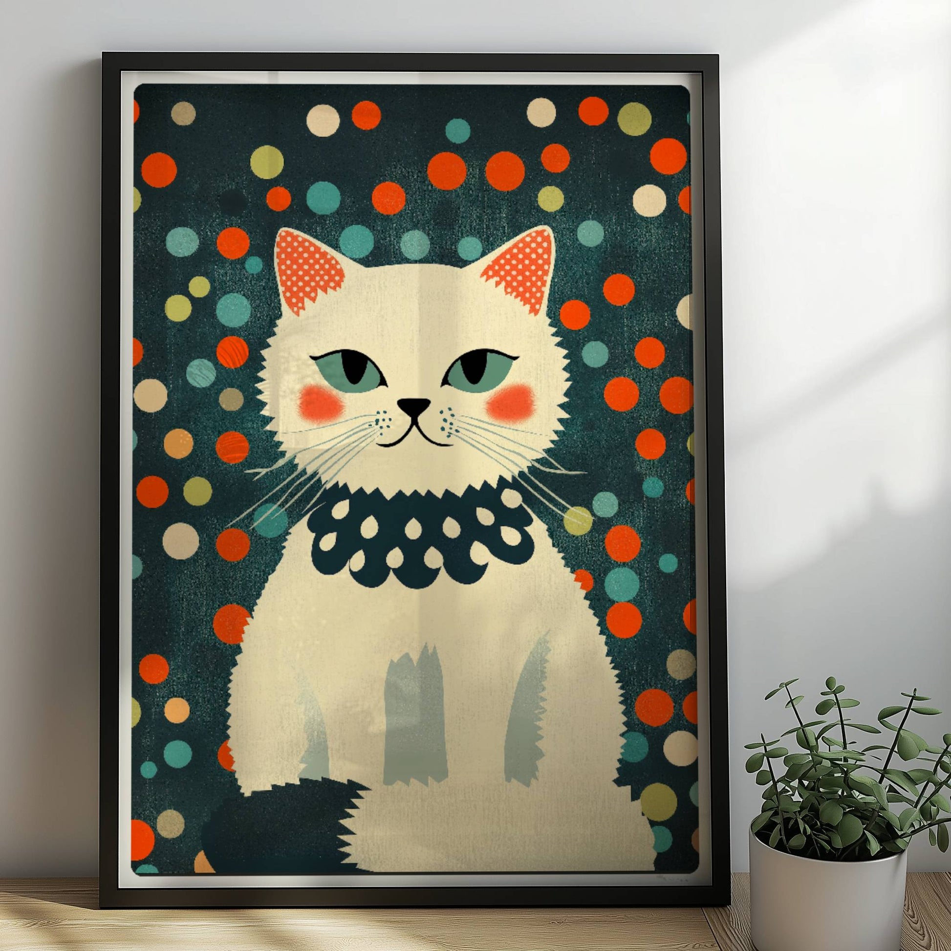 Weiße Fashionista-Katze mit roten Bäckchen – modernes Katzenposter.. Rahmen schwarz 50x70