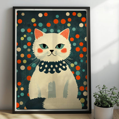 Weiße Fashionista-Katze mit roten Bäckchen – modernes Katzenposter.. Rahmen schwarz 50x70
