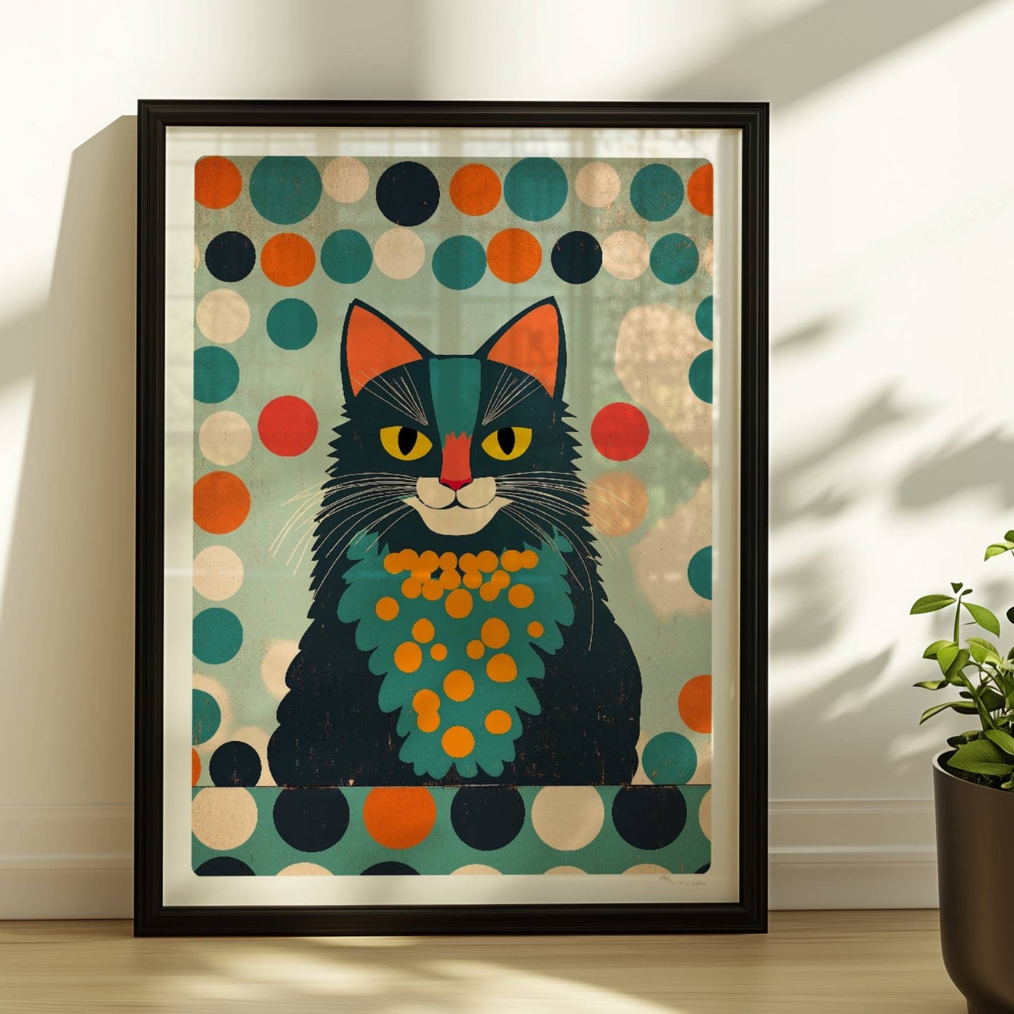 Schwarzer Kater mit charismatischem Ausdruck – markante Katzenkunst.. Rahmen schwarz 30x40