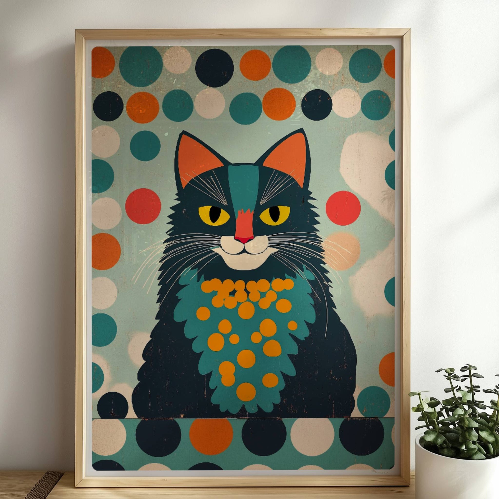 Schwarzer Kater mit charismatischem Ausdruck – markante Katzenkunst.. Rahmen natur 50x70