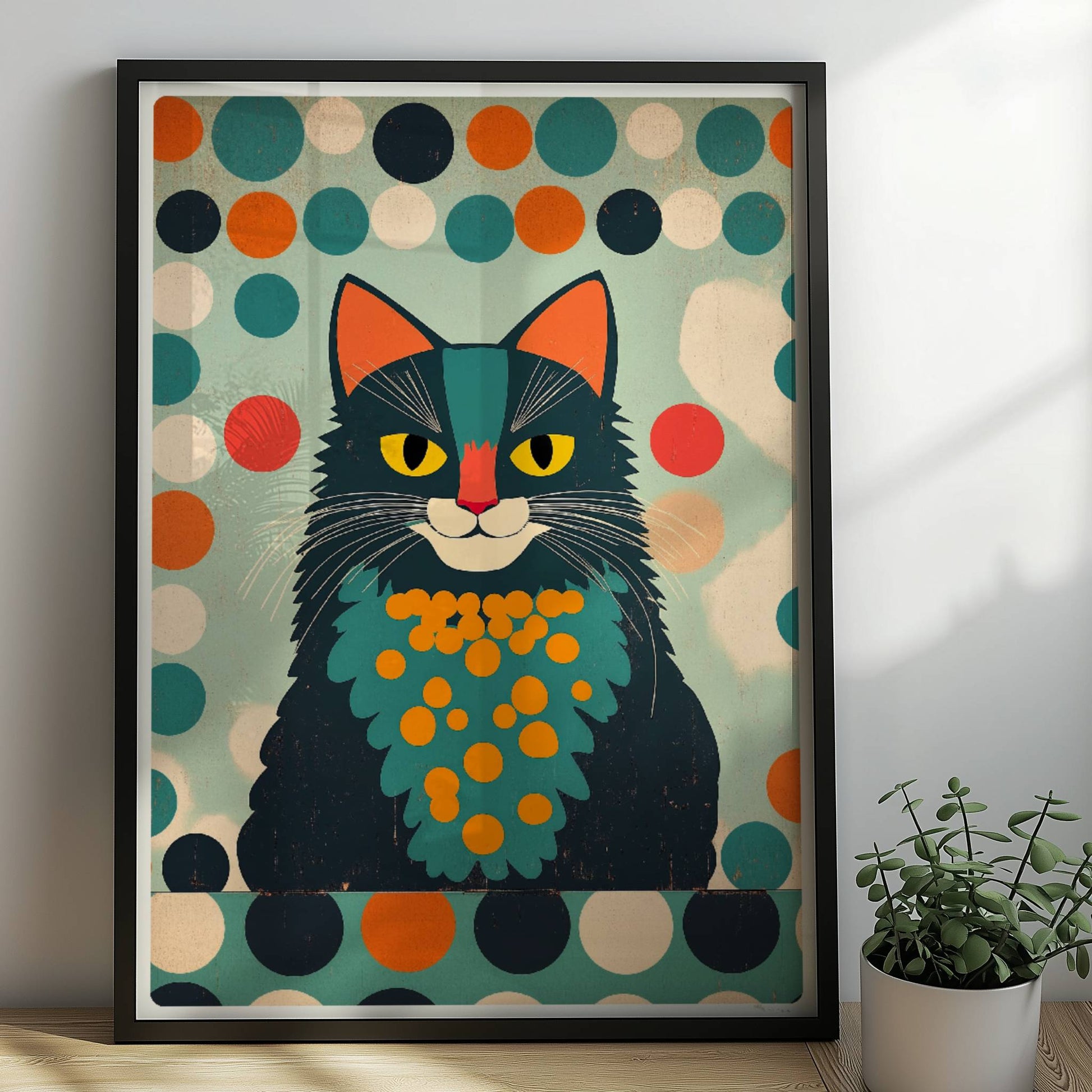 Schwarzer Kater mit charismatischem Ausdruck – markante Katzenkunst.. Rahmen schwarz 50x70