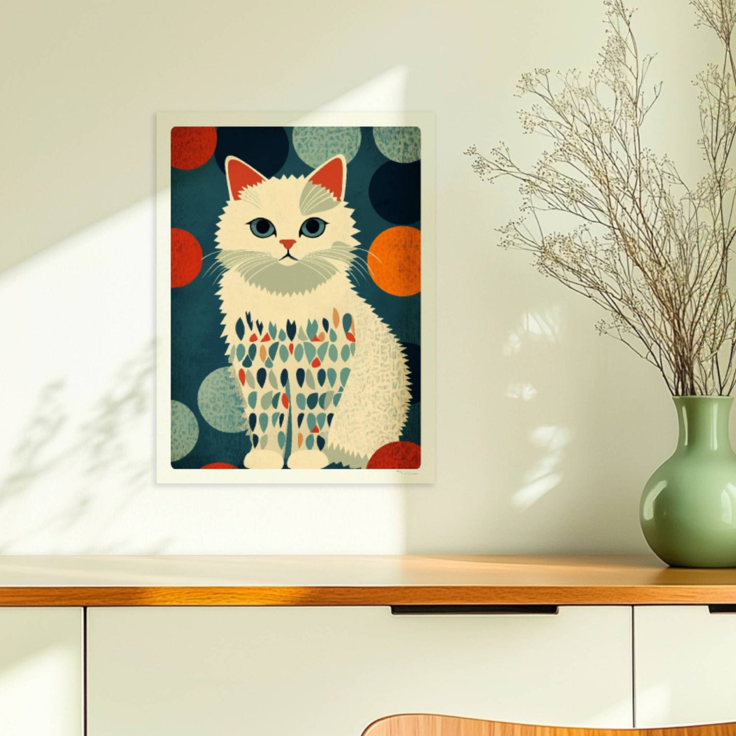 Brave weiße Katze mit bunten Fellflecken – freundliches Katzenmotiv.. Ohne Rahmen 30x40