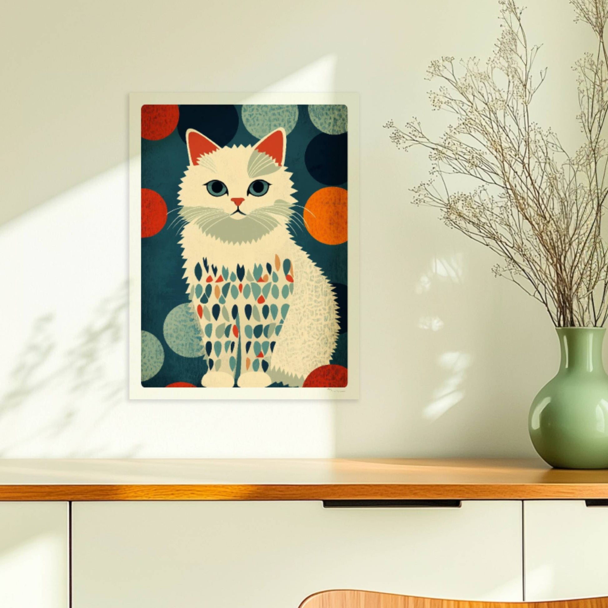 Brave weiße Katze mit bunten Fellflecken – freundliches Katzenmotiv.. Ohne Rahmen 30x40