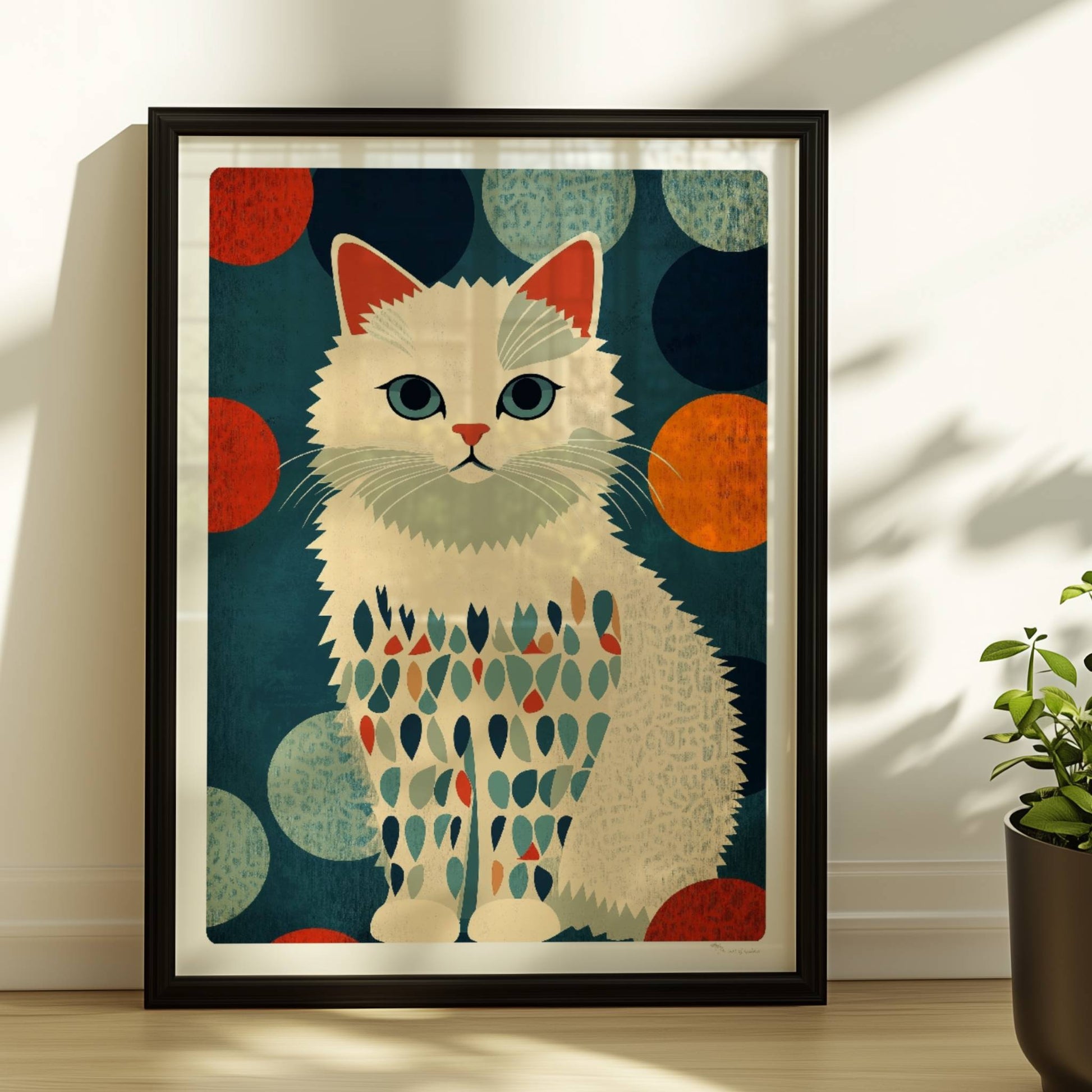 Brave weiße Katze mit bunten Fellflecken – freundliches Katzenmotiv.. Rahmen schwarz 30x40