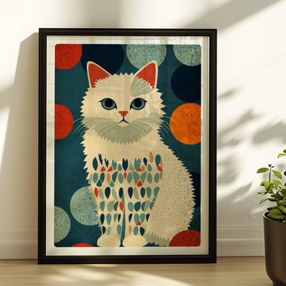 Brave weiße Katze mit bunten Fellflecken – freundliches Katzenmotiv.. Rahmen schwarz 30x40
