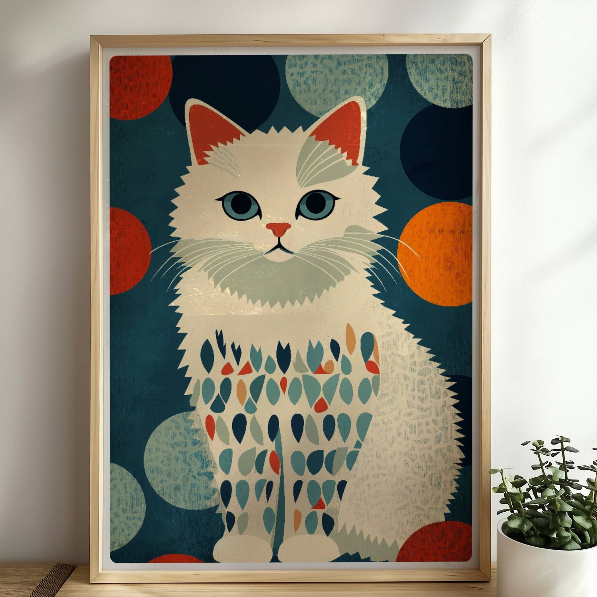 Brave weiße Katze mit bunten Fellflecken – freundliches Katzenmotiv.. Rahmen natur 50x70