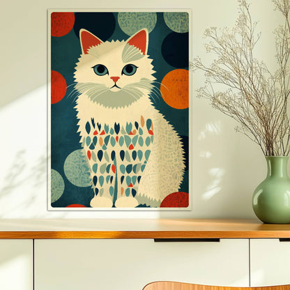 Brave weiße Katze mit bunten Fellflecken – freundliches Katzenmotiv.. Ohne Rahmen 50x70