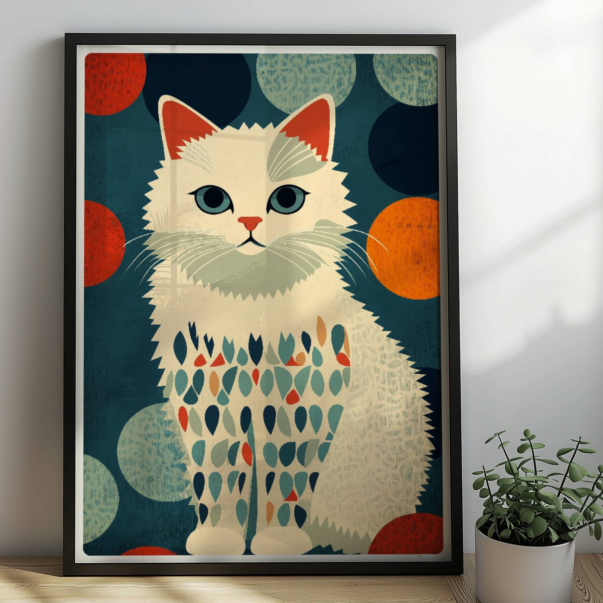 Brave weiße Katze mit bunten Fellflecken – freundliches Katzenmotiv.. Rahmen schwarz 50x70